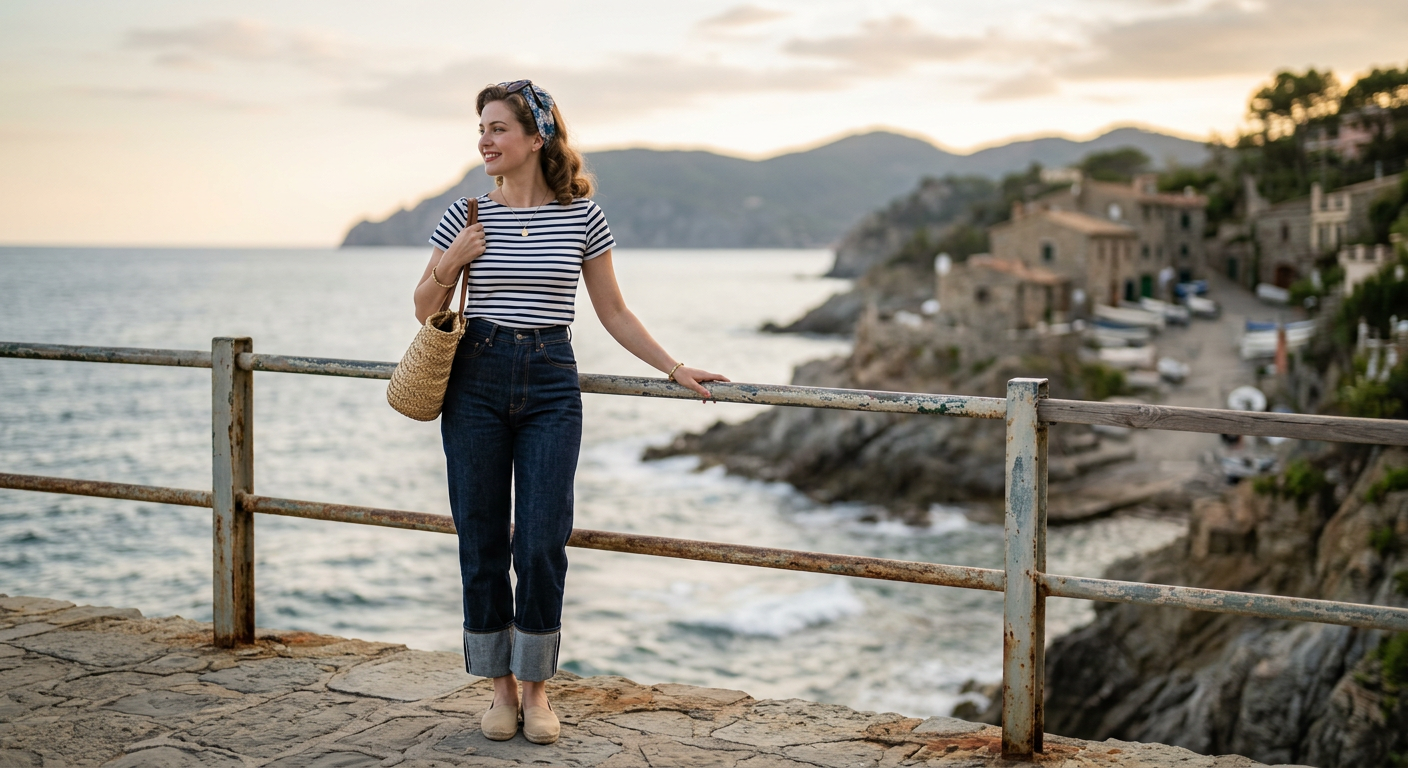 Look décontracté années 50 avec jean taille haute brut revers large marinière ajustée et espadrilles