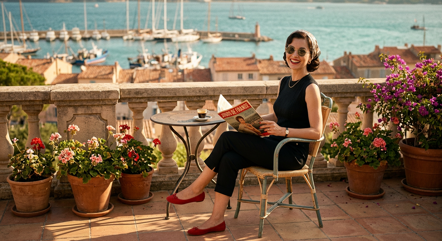 Femme souriante au style pin-up décontracté années 50 assise sur une terrasse ensoleillée en pantalon capri