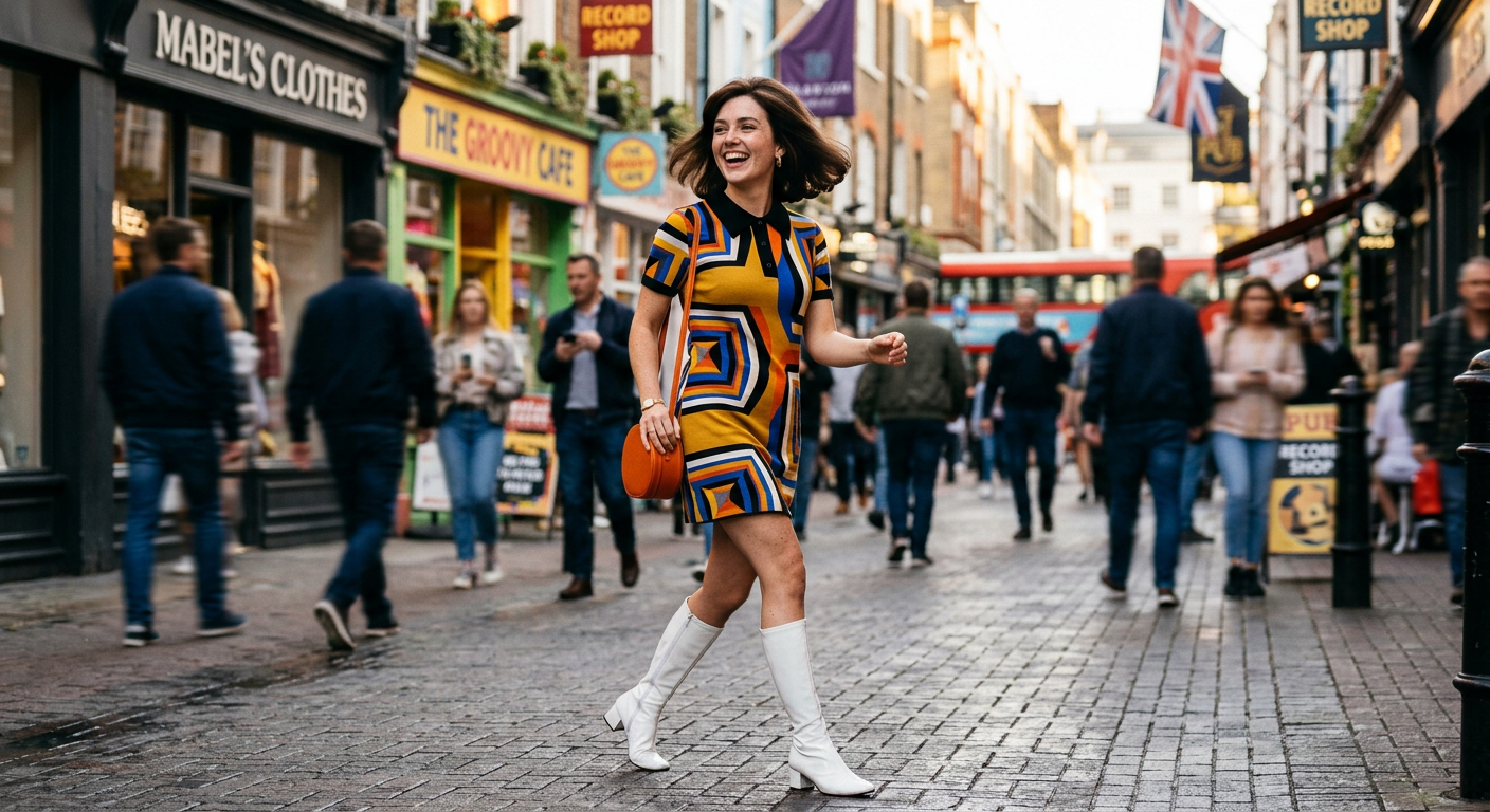 Jeune femme dynamique marchant en ville dans une robe trapèze vintage des années 60 aux motifs géométriques colorés.
