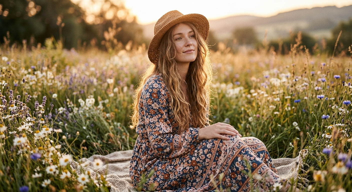 Femme dans une robe longue et fluide à imprimés bohèmes des années 70, assise dans un champ de fleurs sauvages.