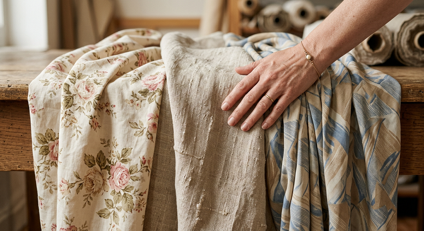 Gros plan sur les textures de plusieurs tissus de robes vintage estivales : coton fleuri, lin uni et rayonne à motifs.