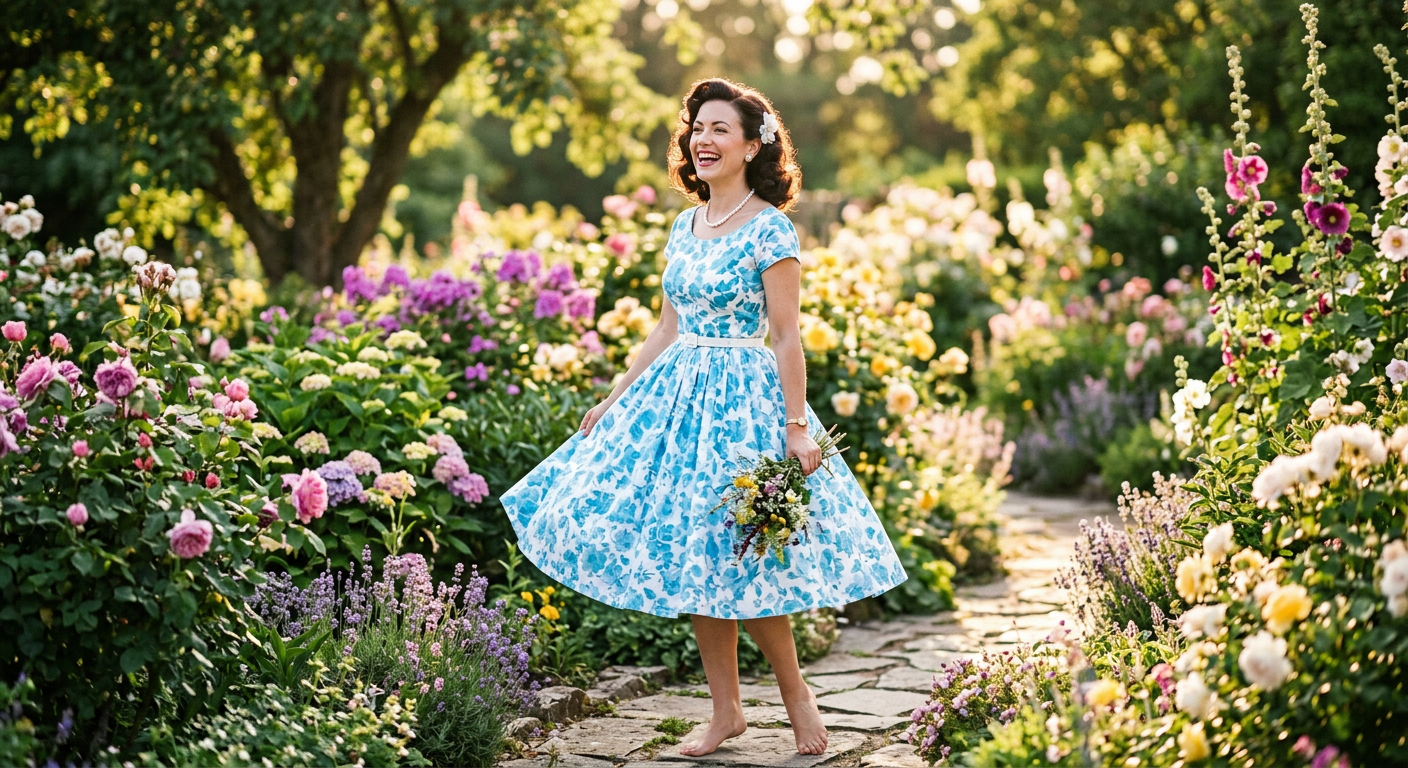 Femme souriante dans une robe vintage fleurie légère, posant dans un jardin ensoleillé.