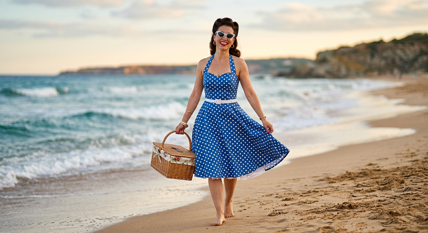 Pin-up en robe d'été à pois bleus et blancs au bord de la mer.
