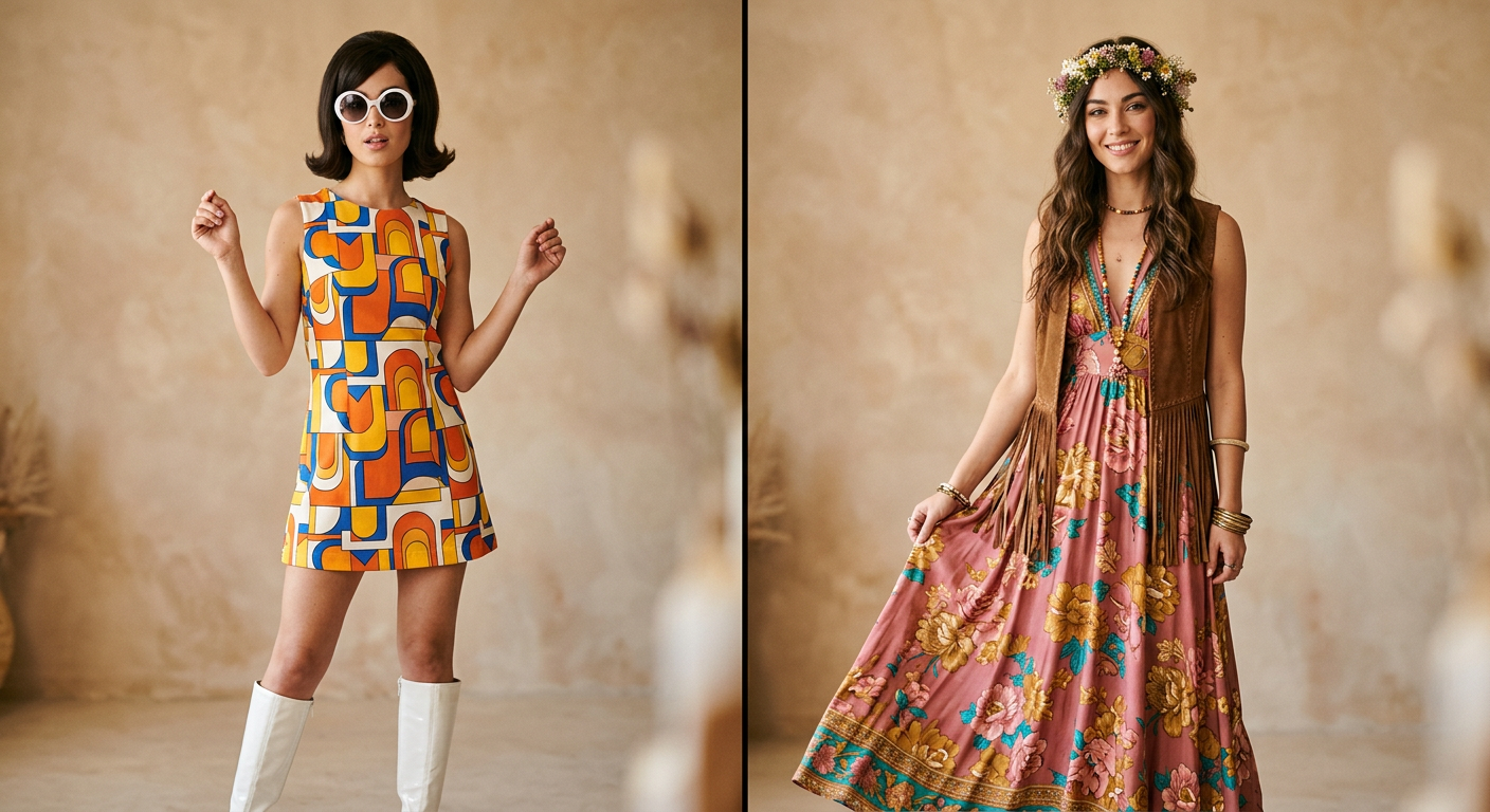 Comparaison de looks : une tenue Mod des années 60 et une tenue hippie des années 70.