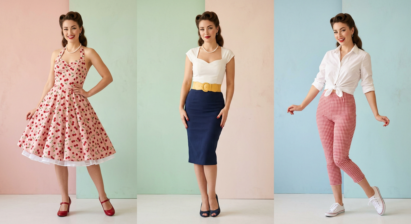Lookbook de trois tenues pin-up originales des années 50.
