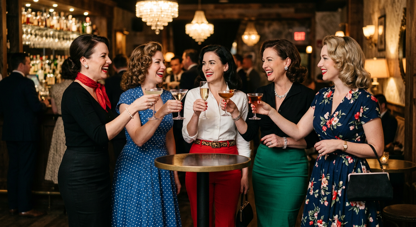 Groupe d'amies en tenues pin-up des années 50 riant lors d'une soirée cocktail.
