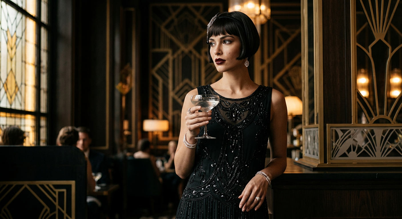 Femme élégante dans une interprétation moderne d'une robe Charleston des années 20.