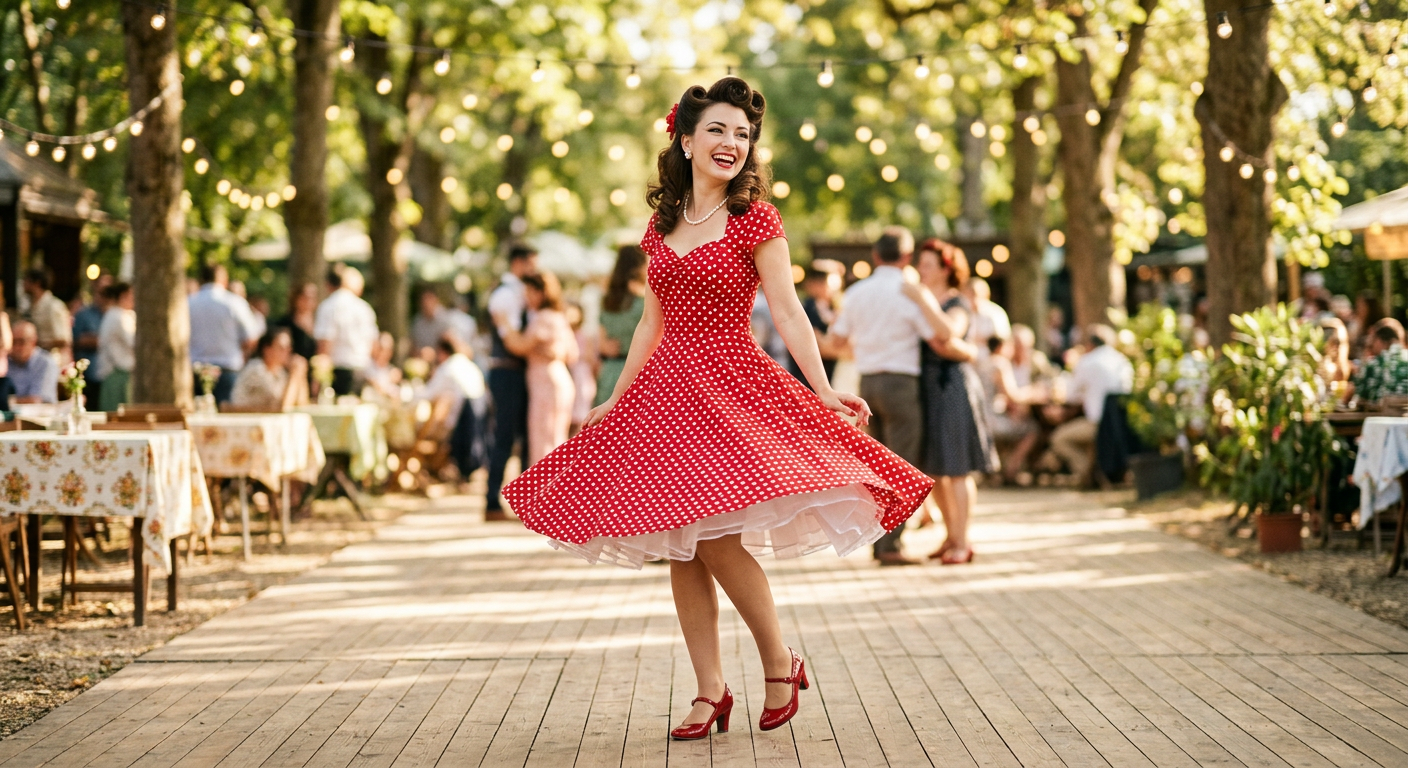 Une femme souriante en robe pin-up à pois qui danse joyeusement dans un décor de guinguette.