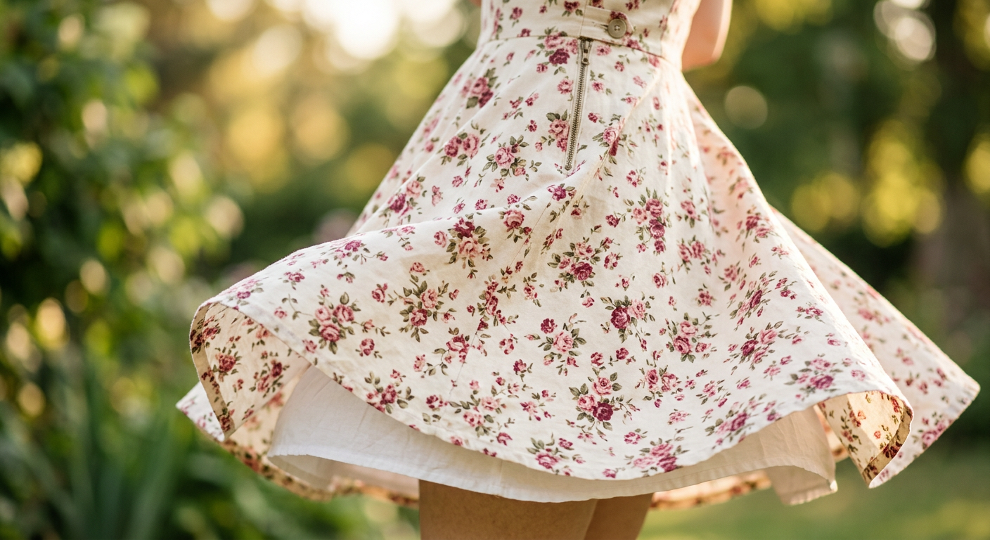 Gros plan sur le tissu fluide à motif de fleurs d'une jupe évasée de robe pin-up.