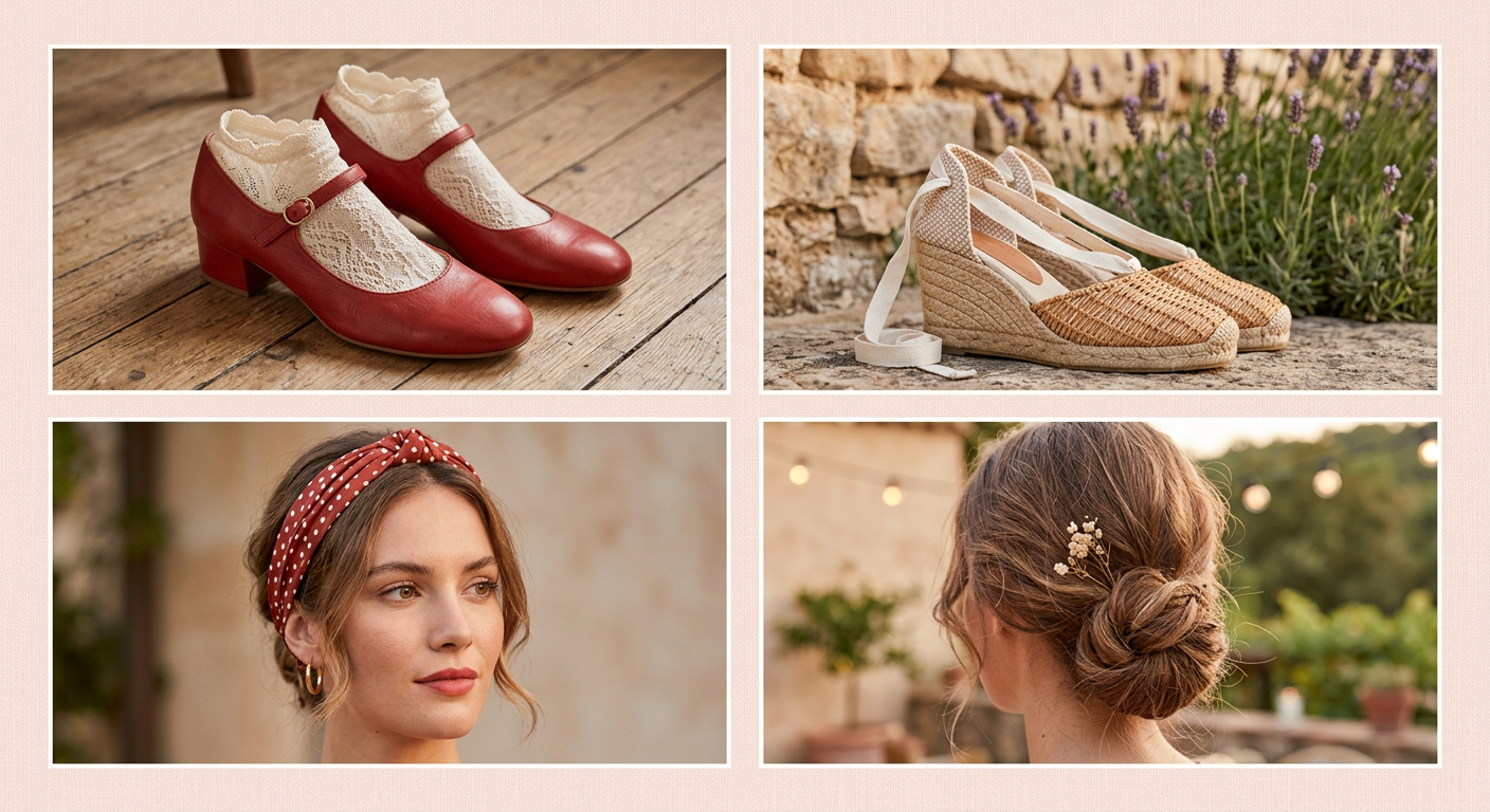 Collage d'inspiration montrant des chaussures rétro confortables et des coiffures pin-up faciles.