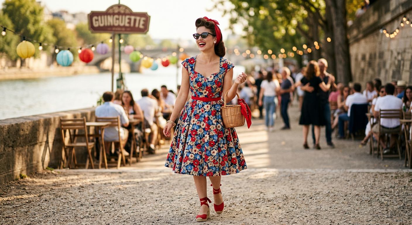 Une pin-up moderne avec une robe à fleurs, un foulard dans les cheveux, des lunettes de soleil et des espadrilles compensées.