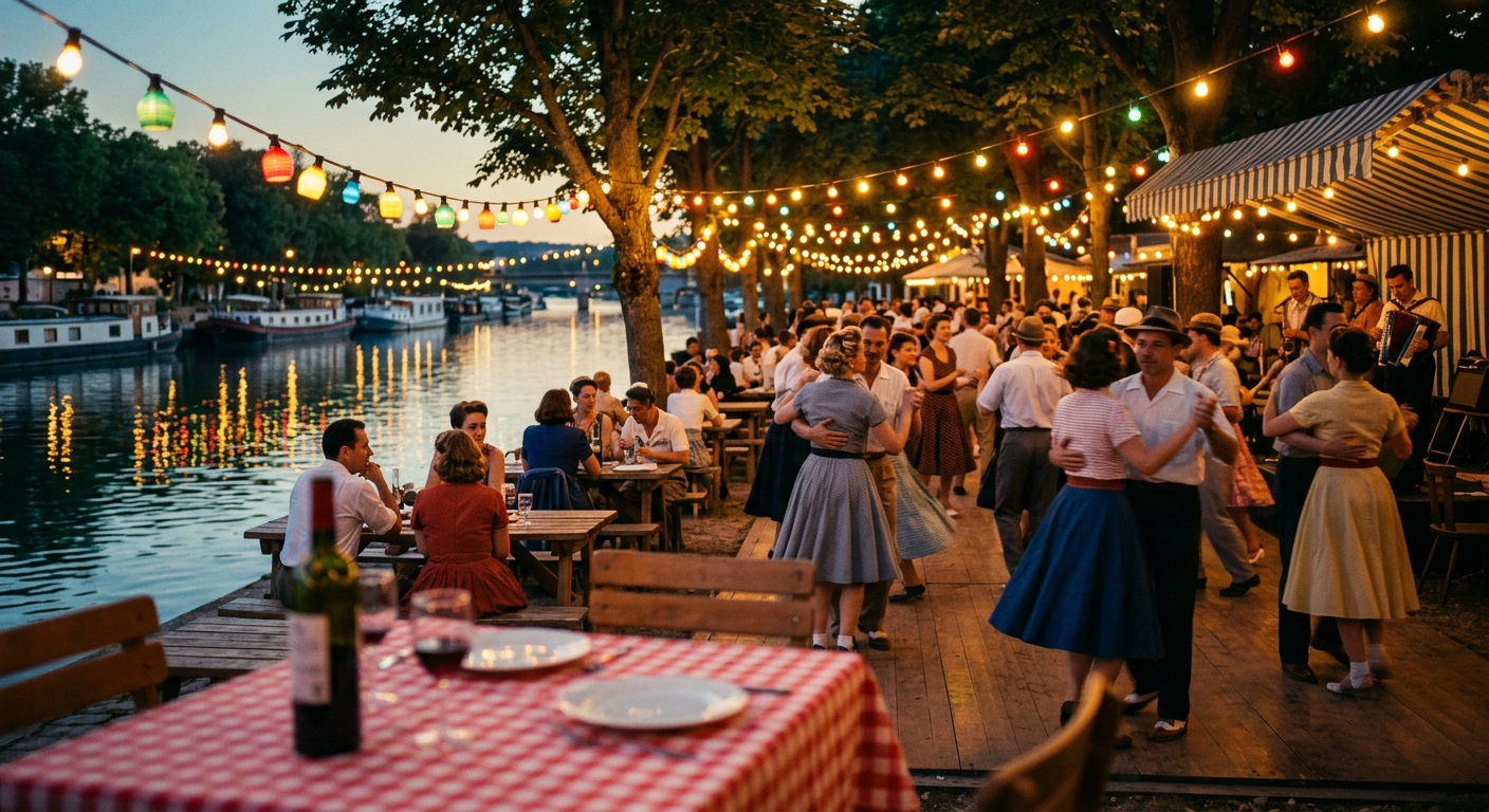 Ambiance festive d'une guinguette rétro au bord de l'eau au crépuscule.