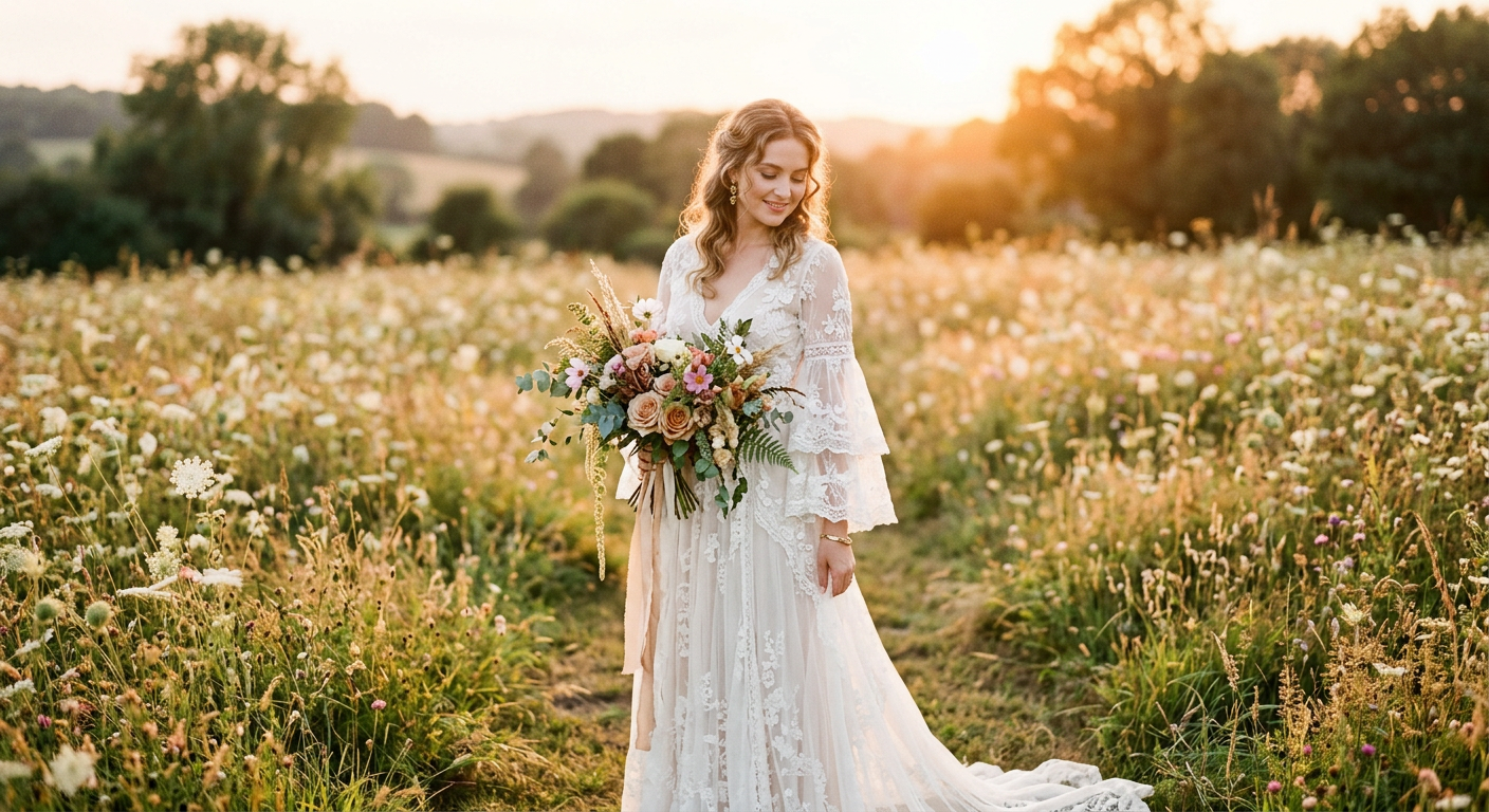 Mariée dans une robe en dentelle fluide Louise Vintage, dans un décor de mariage bohème en plein air.