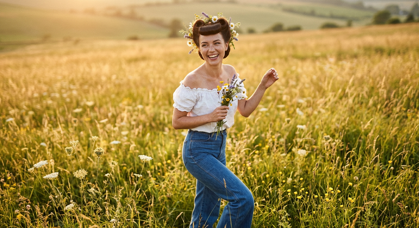Jeune femme pin-up des années 50 avec une couronne de fleurs, symbolisant les débuts de la mode hippie.