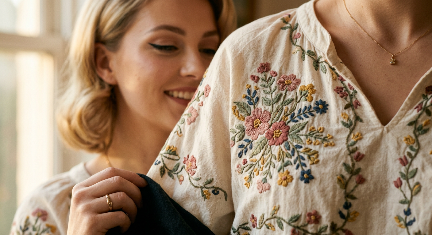 Gros plan sur le motif floral d'une blouse bohème chic de la collection Louise Vintage.