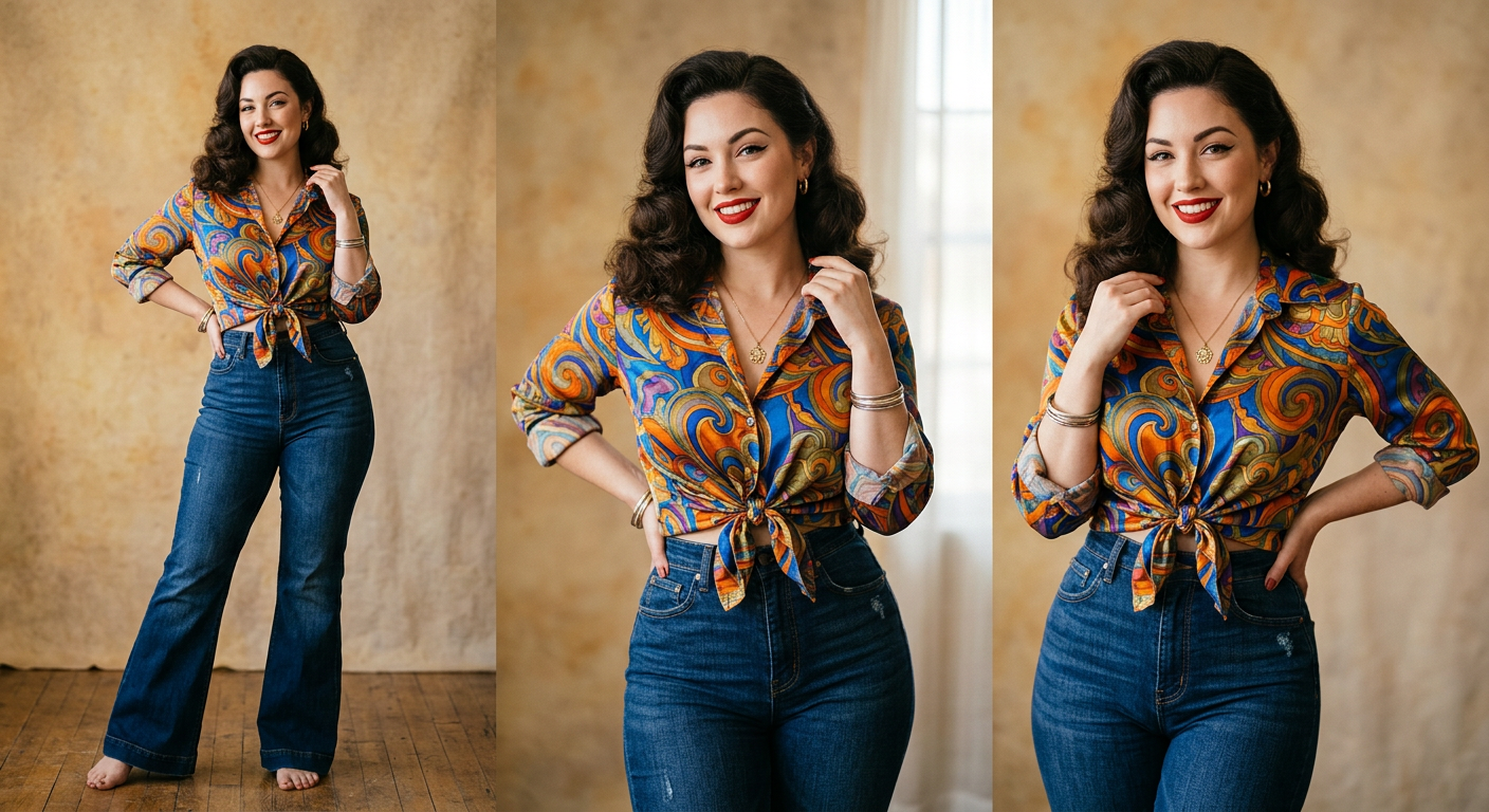 Modèle pin-up des années 50 portant un jean pattes d'éléphant et un chemisier psychédélique.