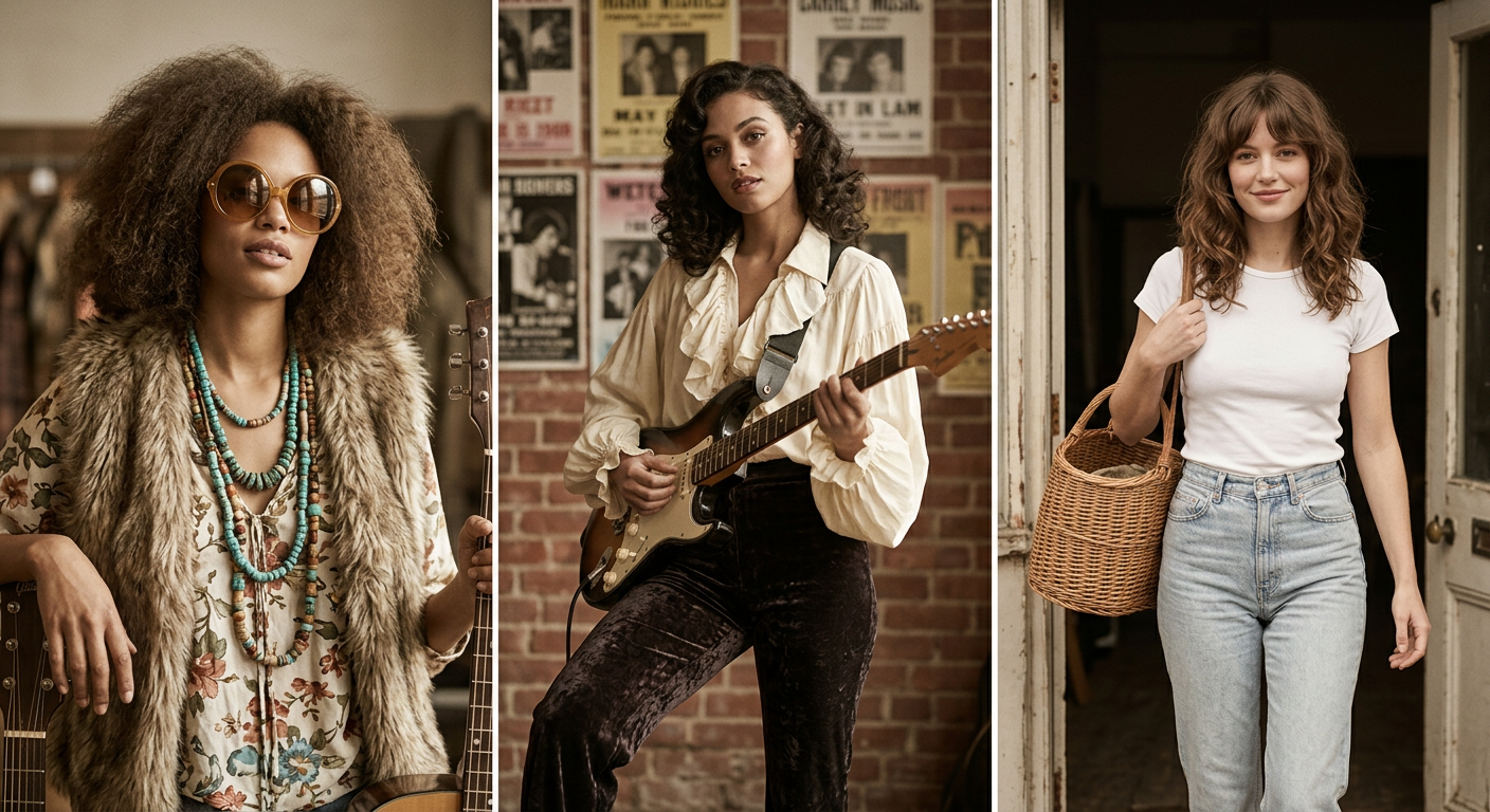 Montage de trois modèles pin-up interprétant les styles de Janis Joplin, Jimi Hendrix et Jane Birkin.