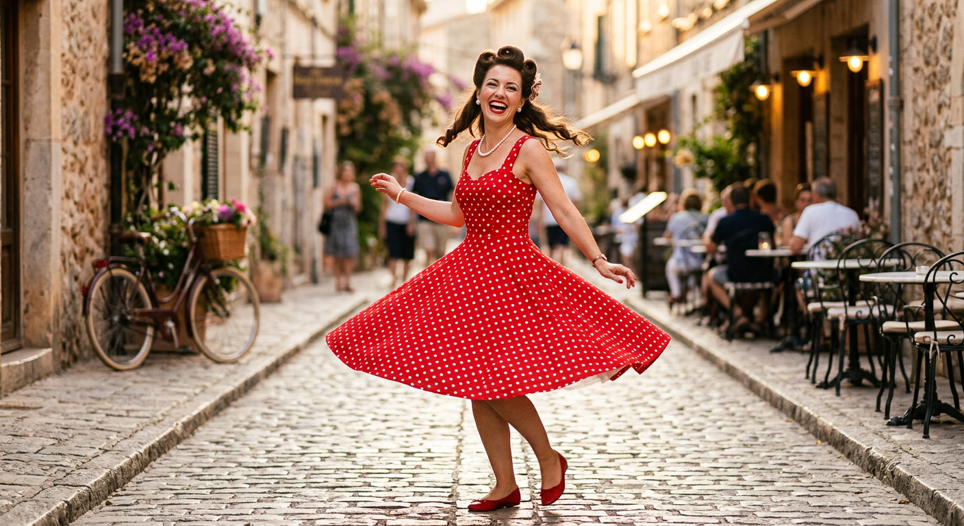 Une femme à la silhouette pin-up des années 50 portant une robe patineuse rouge vif à pois blancs, riant avec élégance.