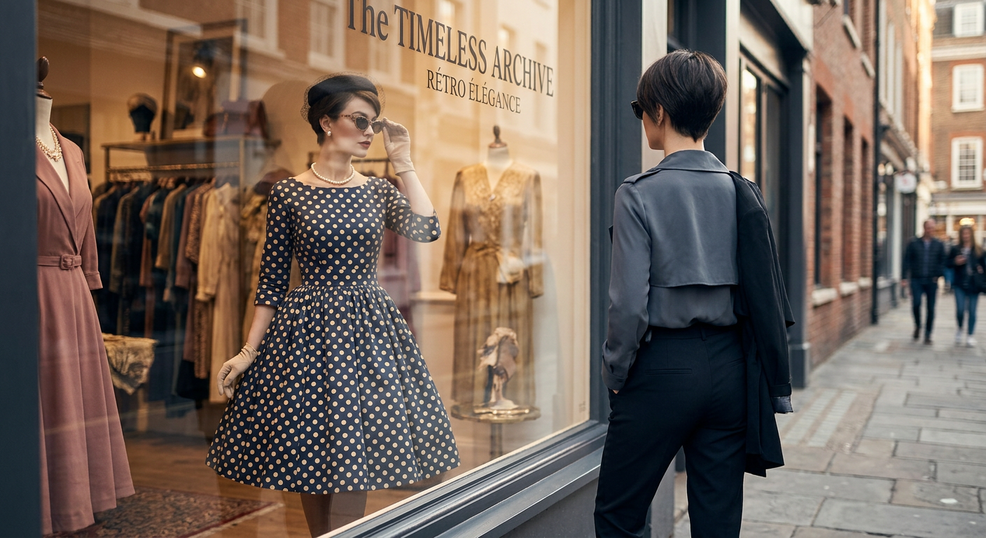 Illustration conceptuelle du retour du vintage avec une femme élégante en robe à pois style années 50 regardant une vitrine moderne.
