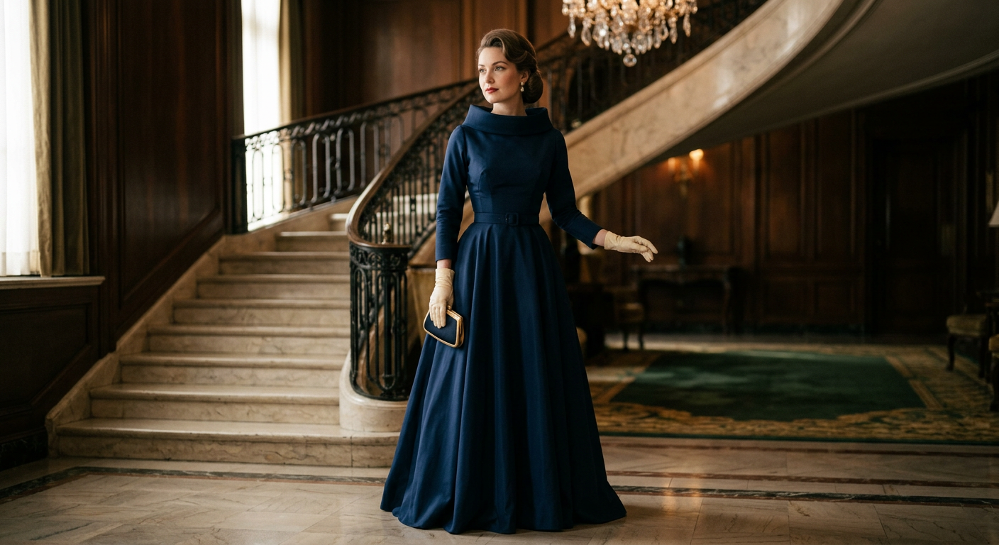 Magnifique mannequin portant une robe de soirée bleu marine emblématique de Louise Vintage, dans un décor élégant et intemporel.
