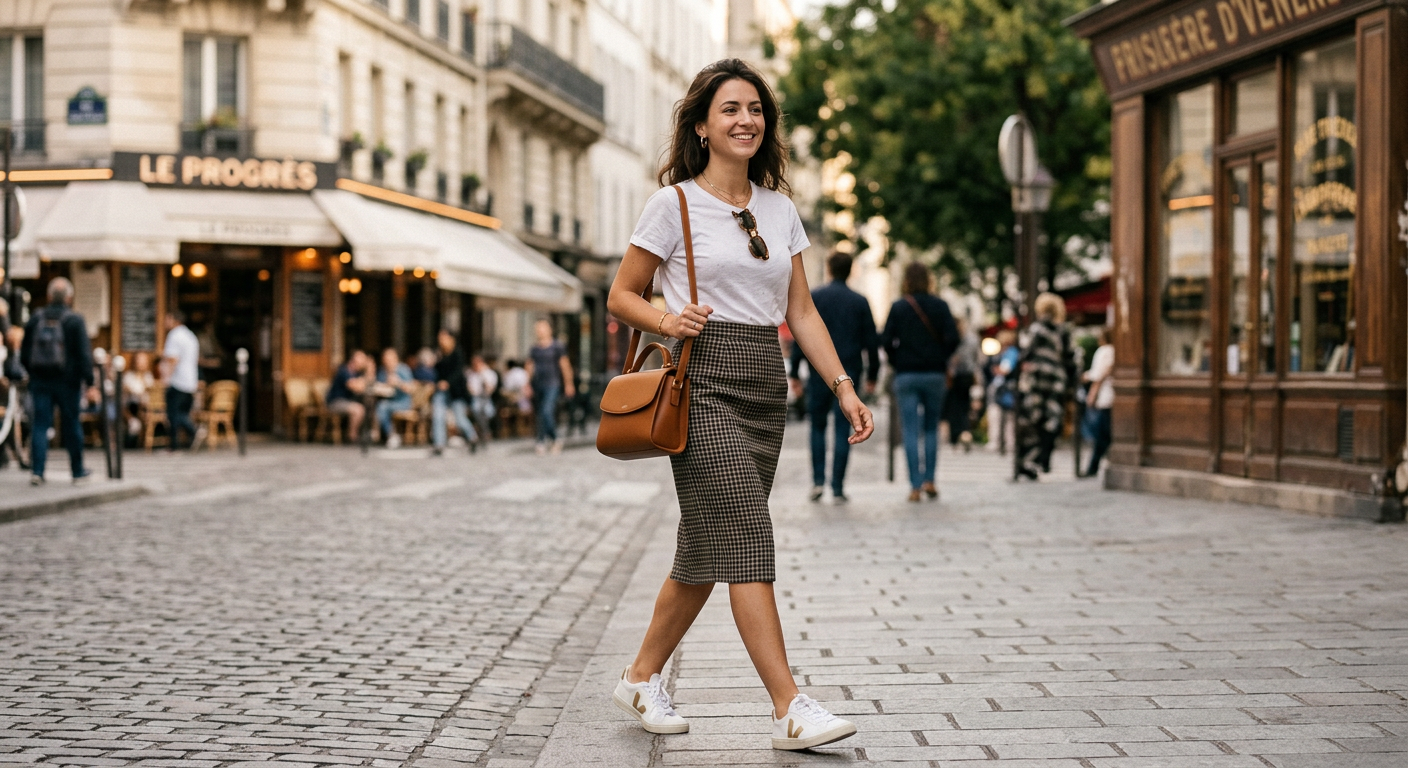 Une femme stylée marchant dans une rue parisienne, mixant une jupe crayon vintage avec un t-shirt blanc moderne et des baskets.
