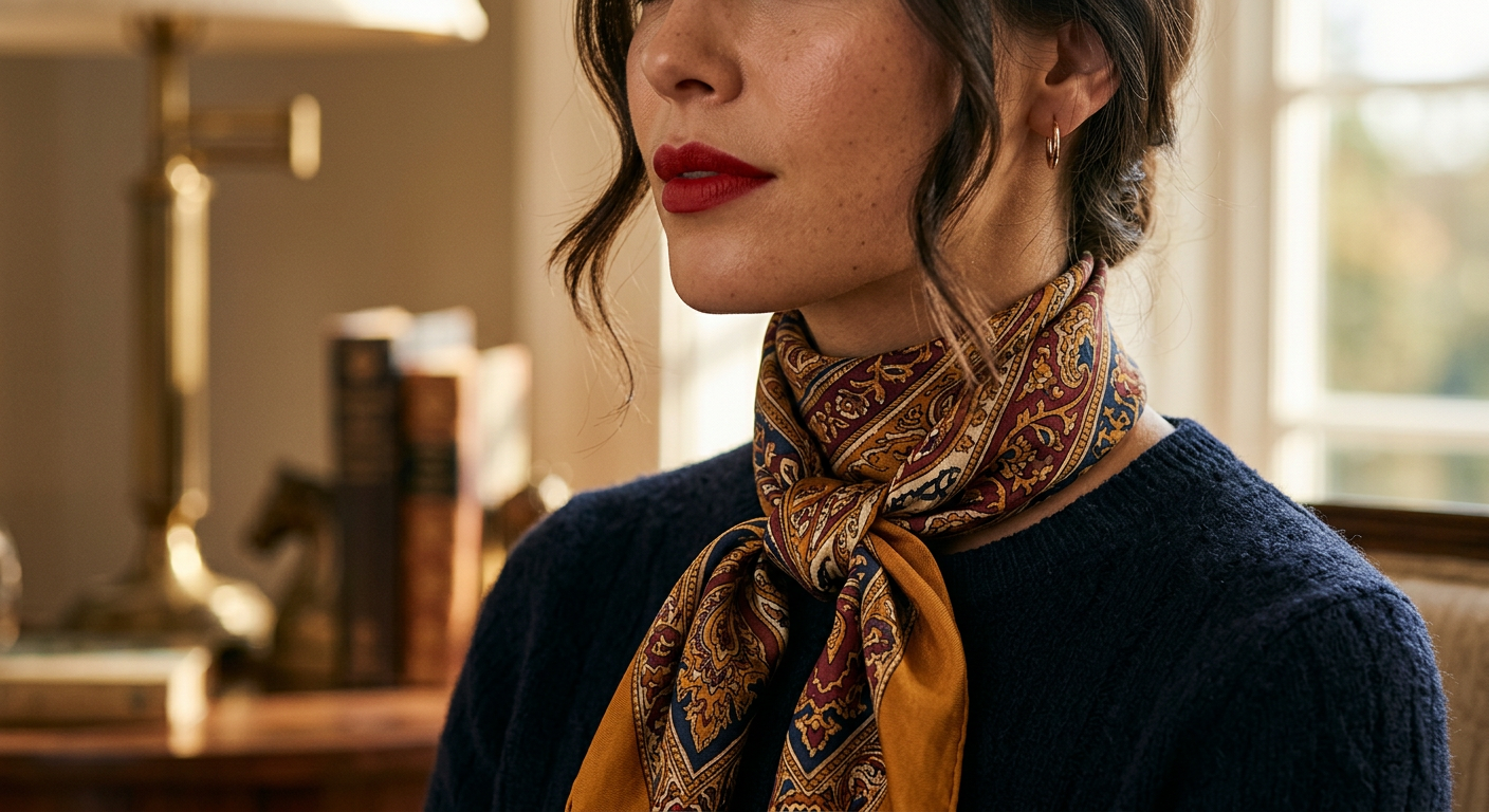 Gros plan sur un foulard en soie vintage aux motifs riches noué avec art autour du cou d'une femme.