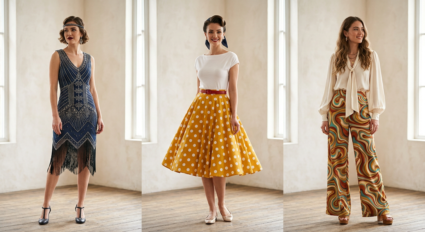 Lookbook présentant des tenues iconiques réinterprétées de plusieurs décennies : robe Charleston, jupe corolle années 50 et pantalon palazzo années 70.
