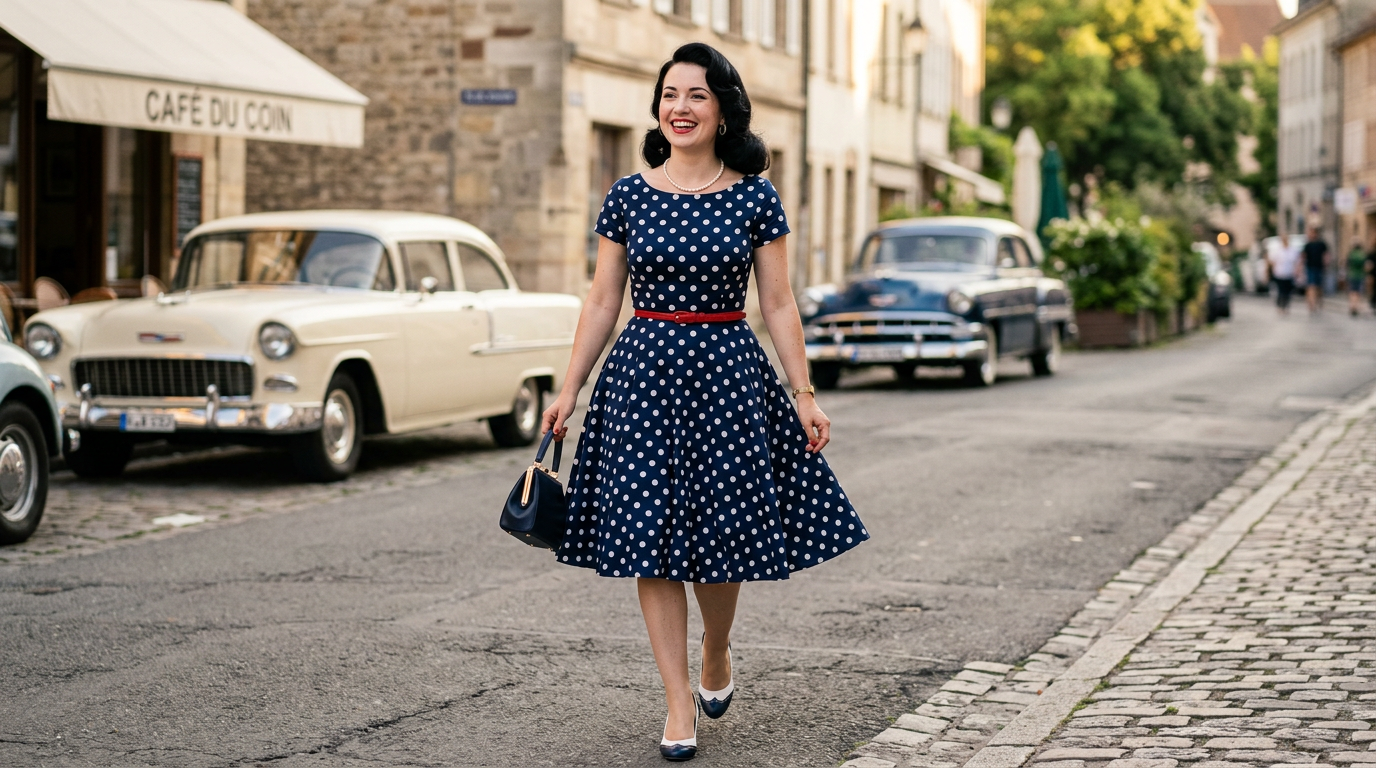 Femme souriante dans une robe pin-up à pois, posant avec confiance.