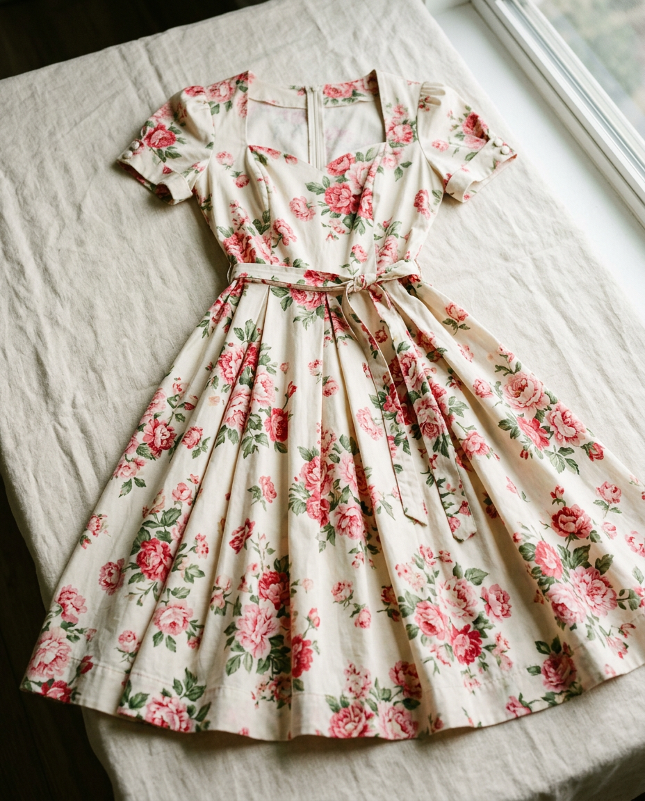 Gros plan sur une magnifique robe swing à motif floral vintage.
