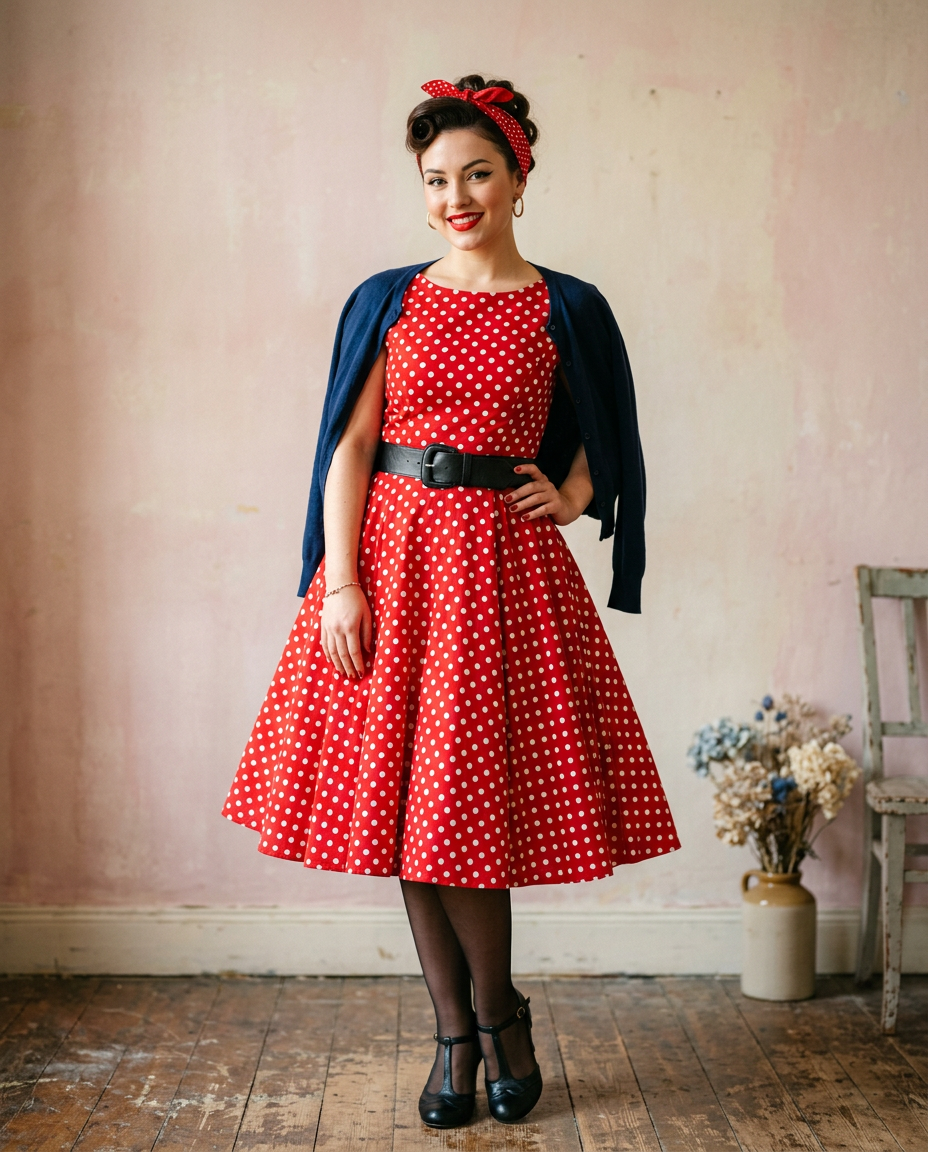 Une pin-up moderne pose avec assurance, vêtue d'une robe guinguette à pois, rouge à lèvres carmin et foulard dans les cheveux.