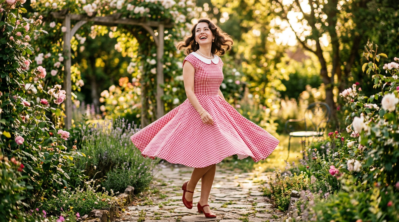Une femme souriante danse dans un jardin ensoleillé, vêtue d'une robe guinguette à carreaux vichy rouge et blanc.