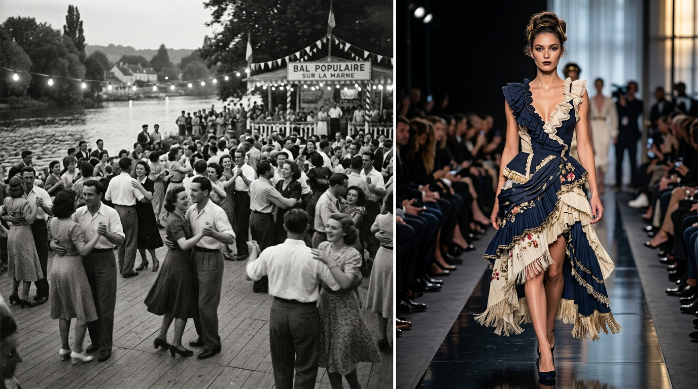 Montage photo contrastant une photo en noir et blanc d'un bal populaire des années 30 et une photo couleur d'un défilé de mode moderne avec une robe d'inspiration guinguette.