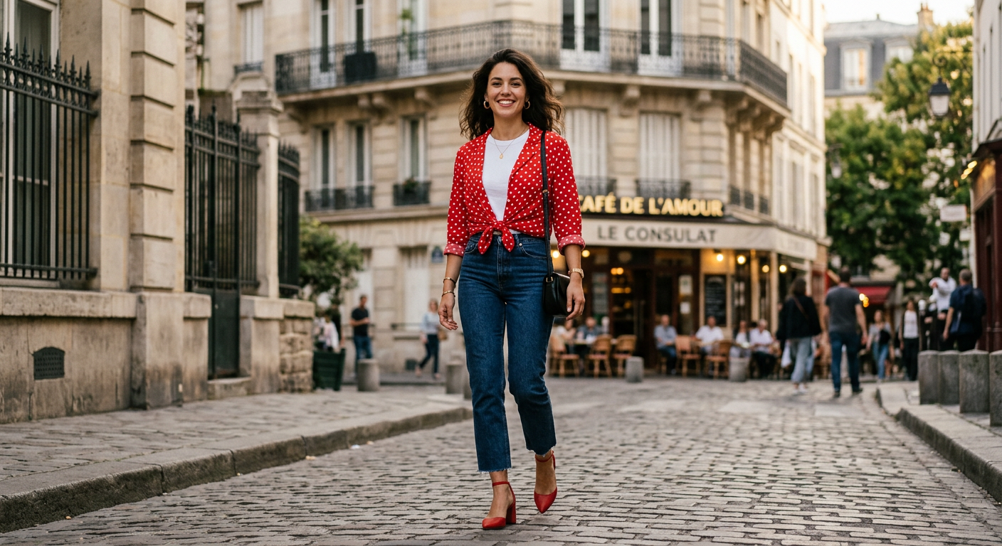Femme dans la rue portant un jean taille haute moderne avec un chemisier vintage à pois et des escarpins rouges.