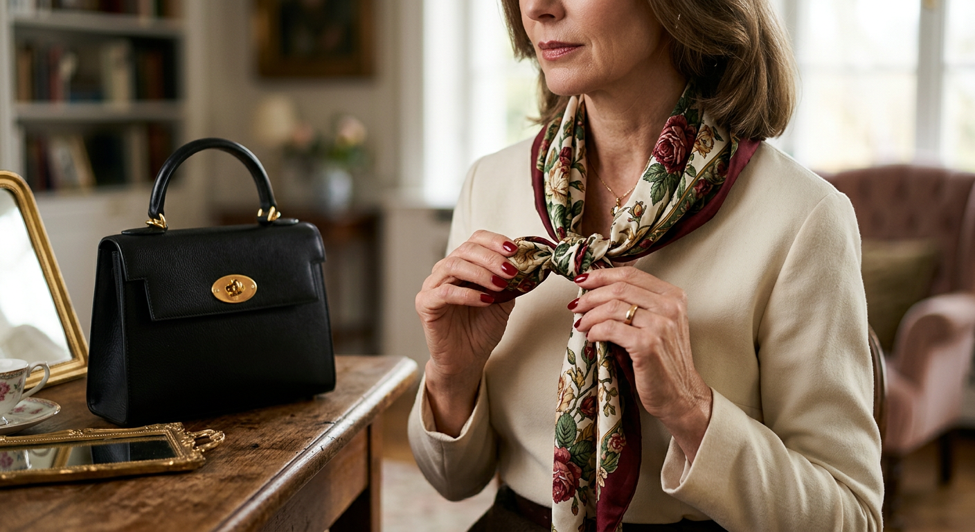 Gros plan sur une femme élégante ajustant un foulard en soie autour de son cou, avec un sac à main rétro à ses côtés.