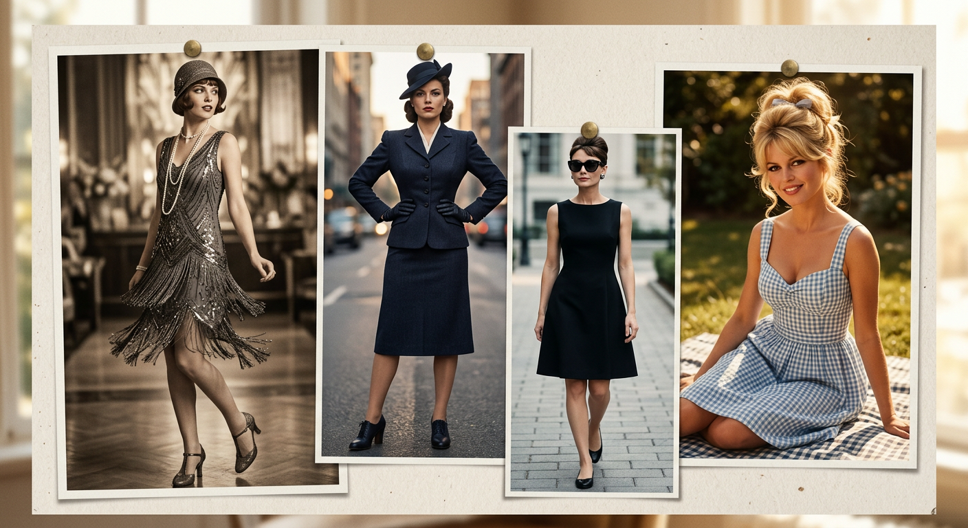 Moodboard d'icônes de mode rétro chic, de Audrey Hepburn à Brigitte Bardot.