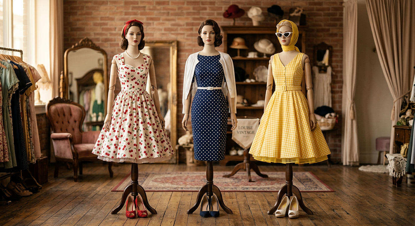 Sélection de robes Louise Vintage de style pin-up, colorées et élégantes, présentées dans un décor premium.