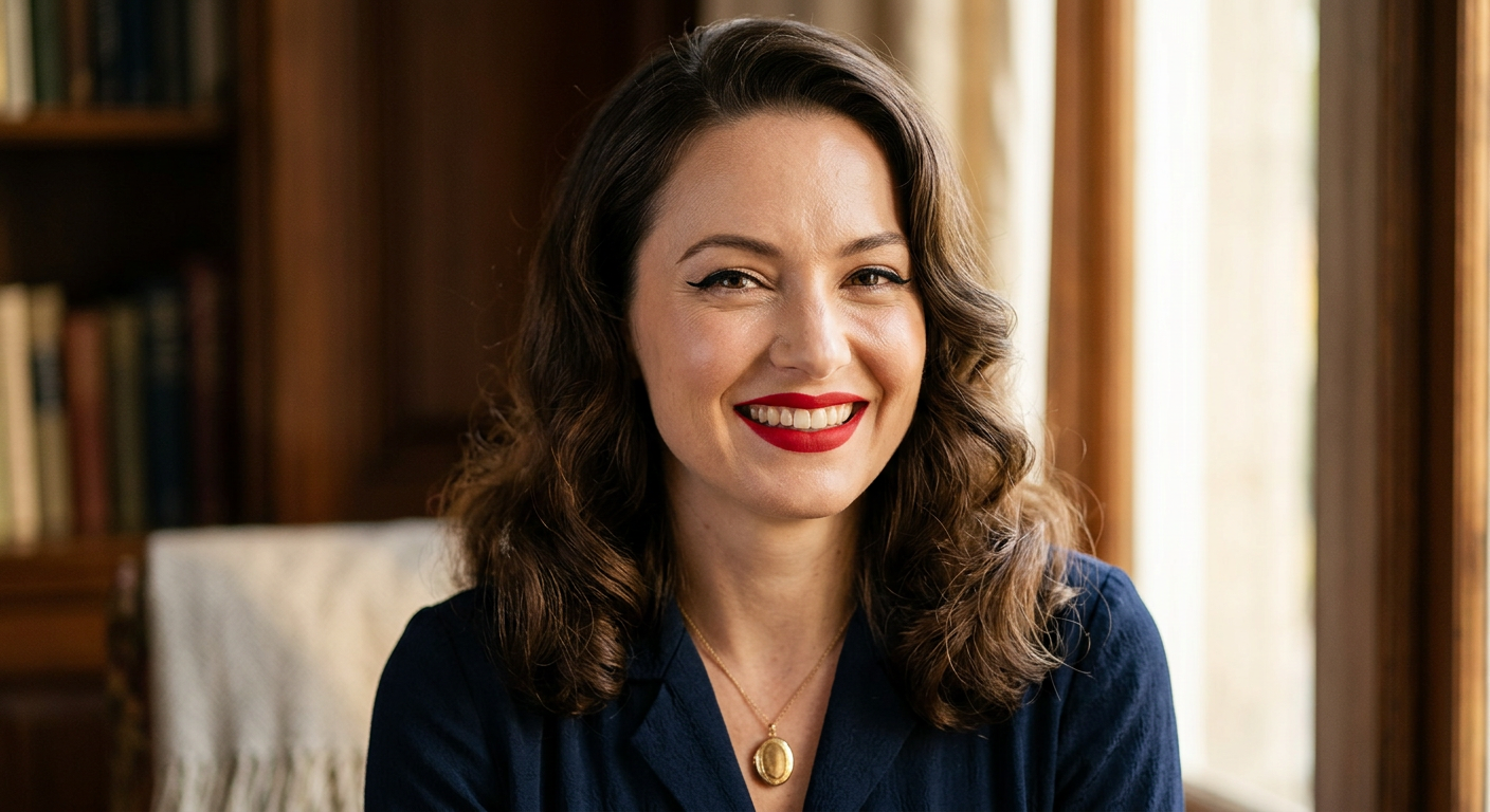 Portrait d'une femme souriante avec un maquillage rétro moderne: trait d'eye-liner noir et lèvres rouge vif.