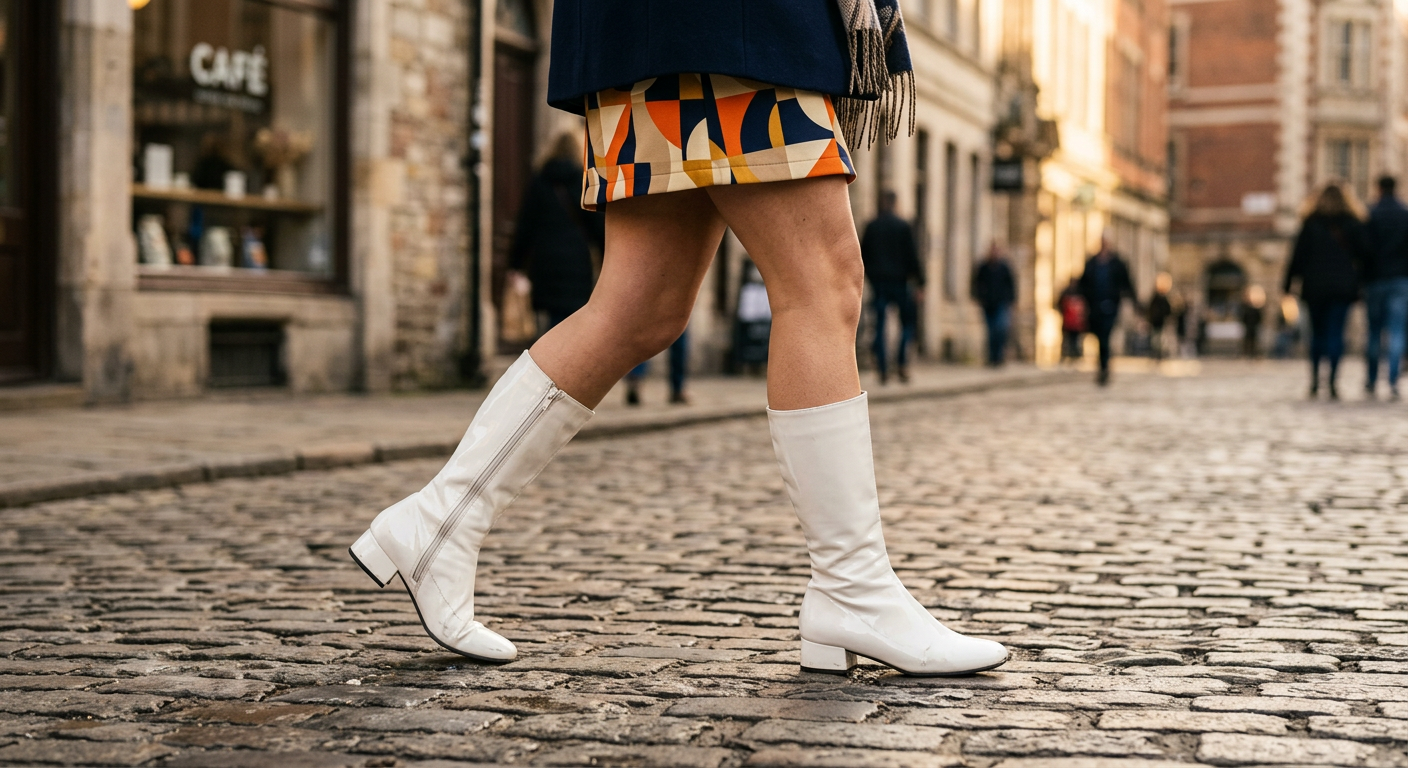 Paire de bottes blanches vinyle style go-go boots associées à une tenue géométrique rétro