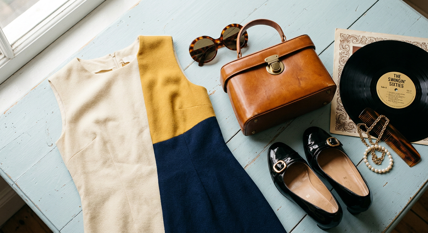 Flatlay vintage composé d'une robe trapèze géométrique, de lunettes rondes et de chaussures rétro