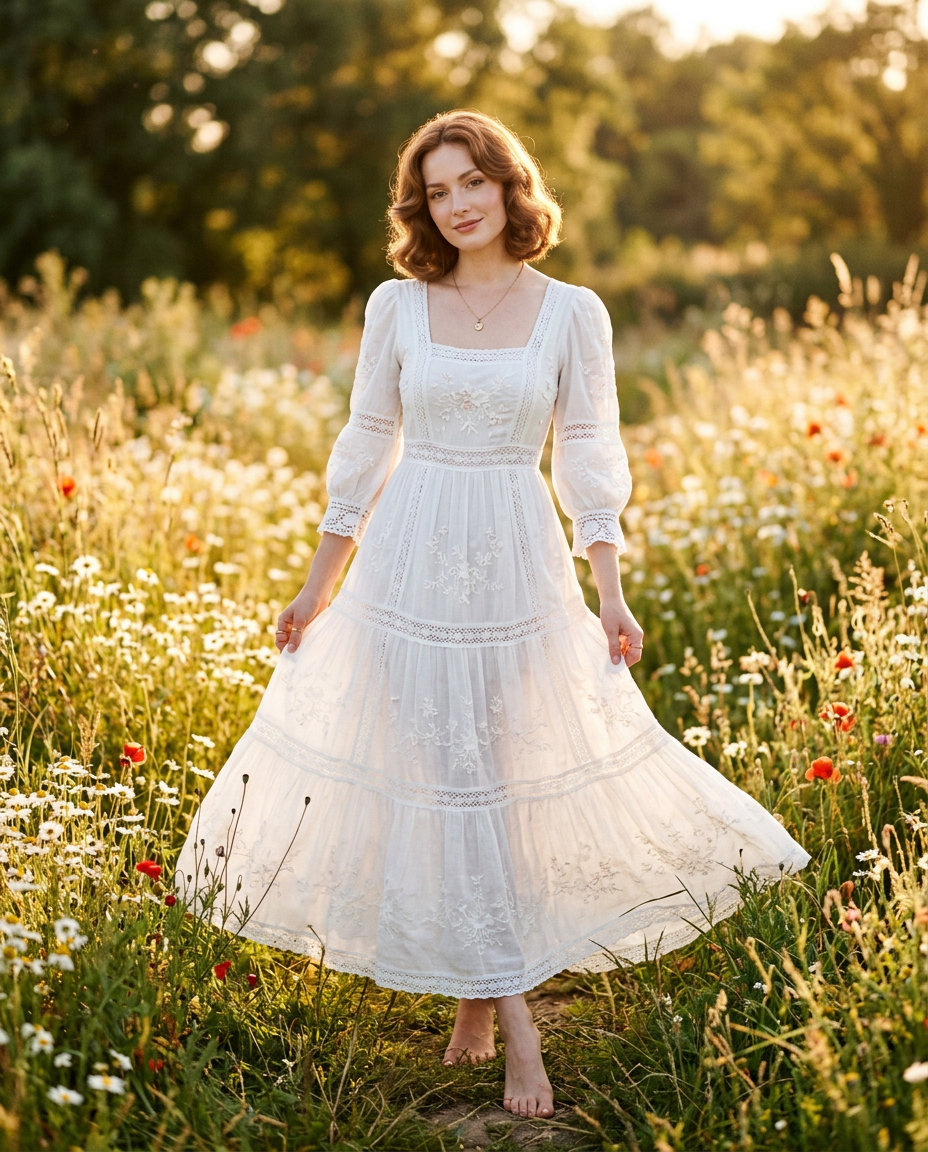 Mannequin pin-up moderne portant une robe longue bohème chic blanche en extérieur, lumière naturelle.
