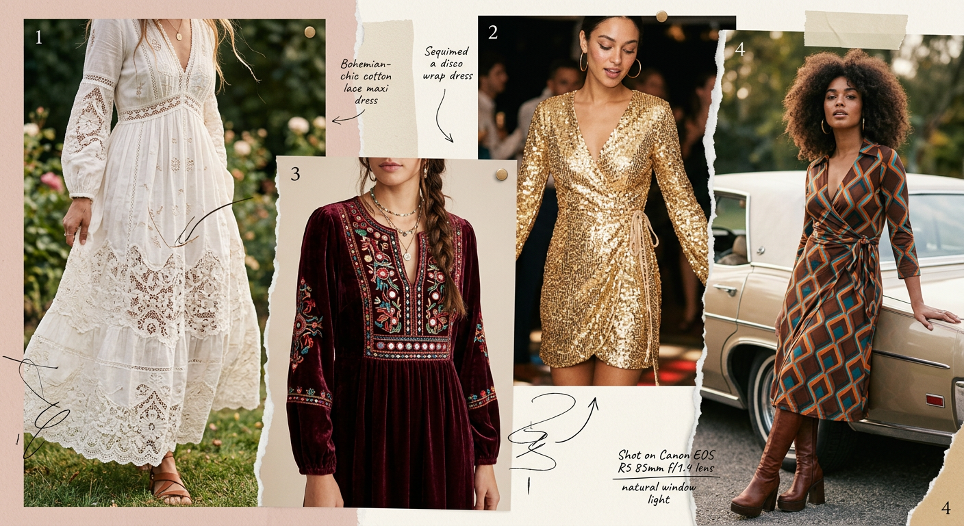 Mood board de différents styles de robes des années 70 : hippie chic, disco pailletée, folk brodée.