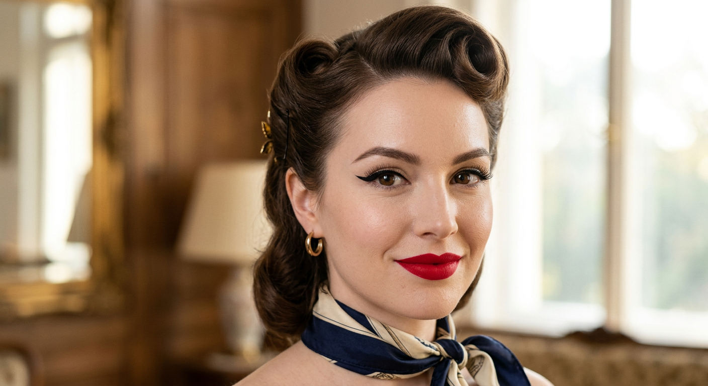 Gros plan sur le visage d'une femme avec un maquillage pin-up parfait : eye-liner cat eye et rouge à lèvres rouge.