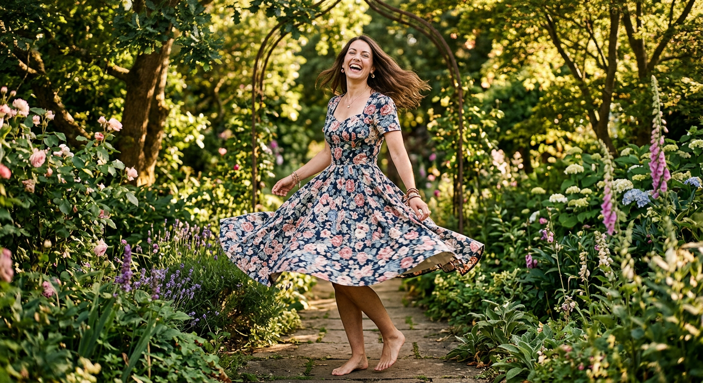 Une femme portant une magnifique robe swing pin-up à motif floral dans un jardin verdoyant.