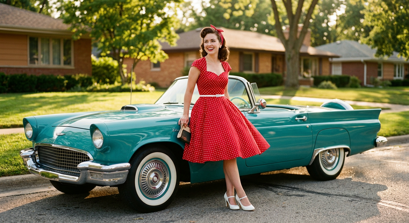 Une femme souriante en robe pin-up à pois, posant devant une voiture américaine vintage.