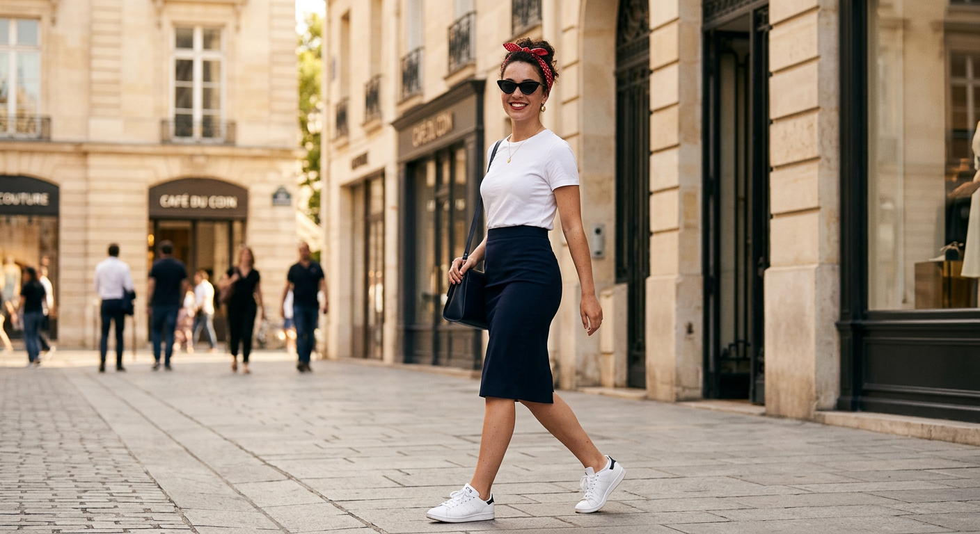 Une femme au look pin-up moderne, portant une jupe crayon avec un t-shirt simple et des baskets dans un décor urbain.