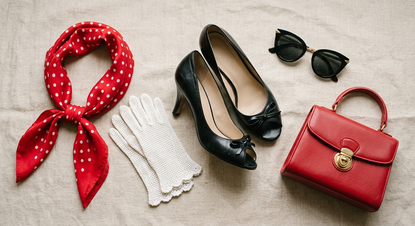 Flat lay d'accessoires pin-up : foulard en soie, gants, escarpins peep-toe et sac à main rétro.