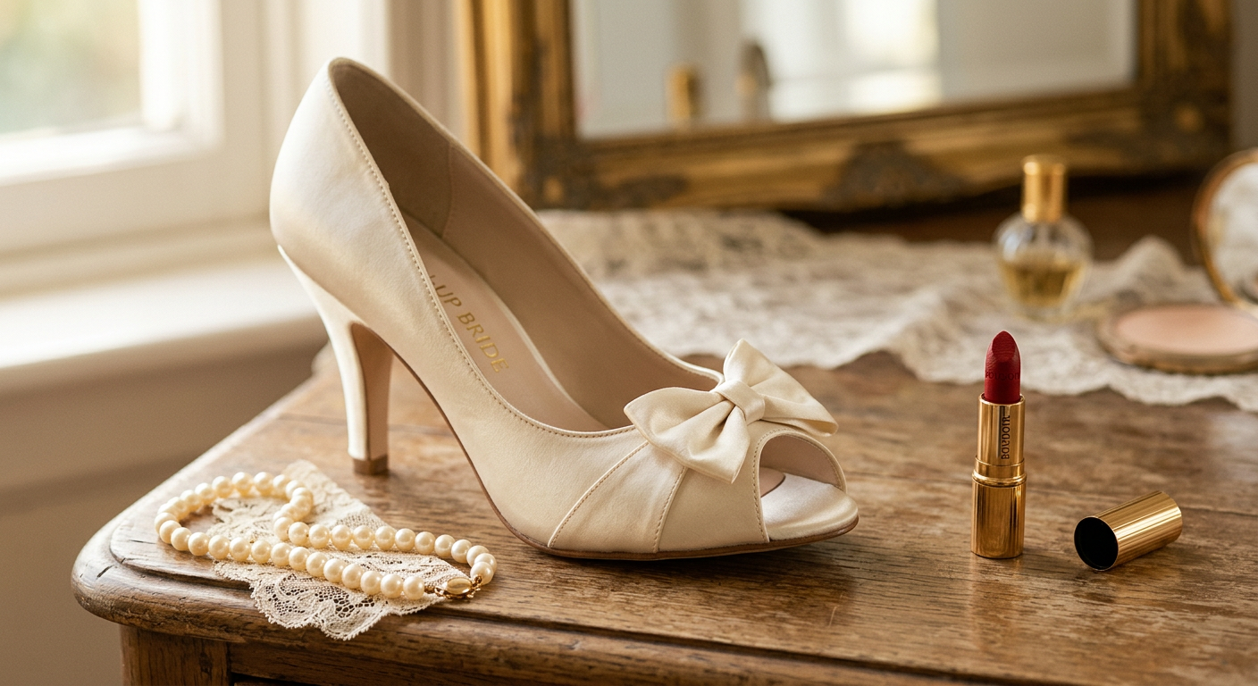 Gros plan sur un escarpin peep-toe en satin ivoire avec une petite boucle en strass, style années 50.
