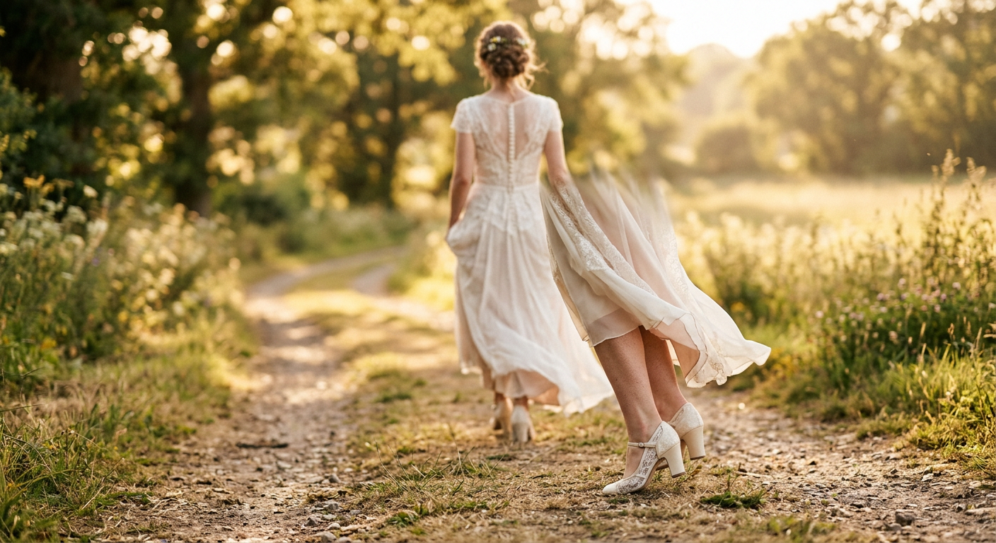 Une mariée vue de dos marchant dans un chemin ensoleillé, sa robe de mariée vintage flotte et un gros plan est fait sur ses chaussures à talons.