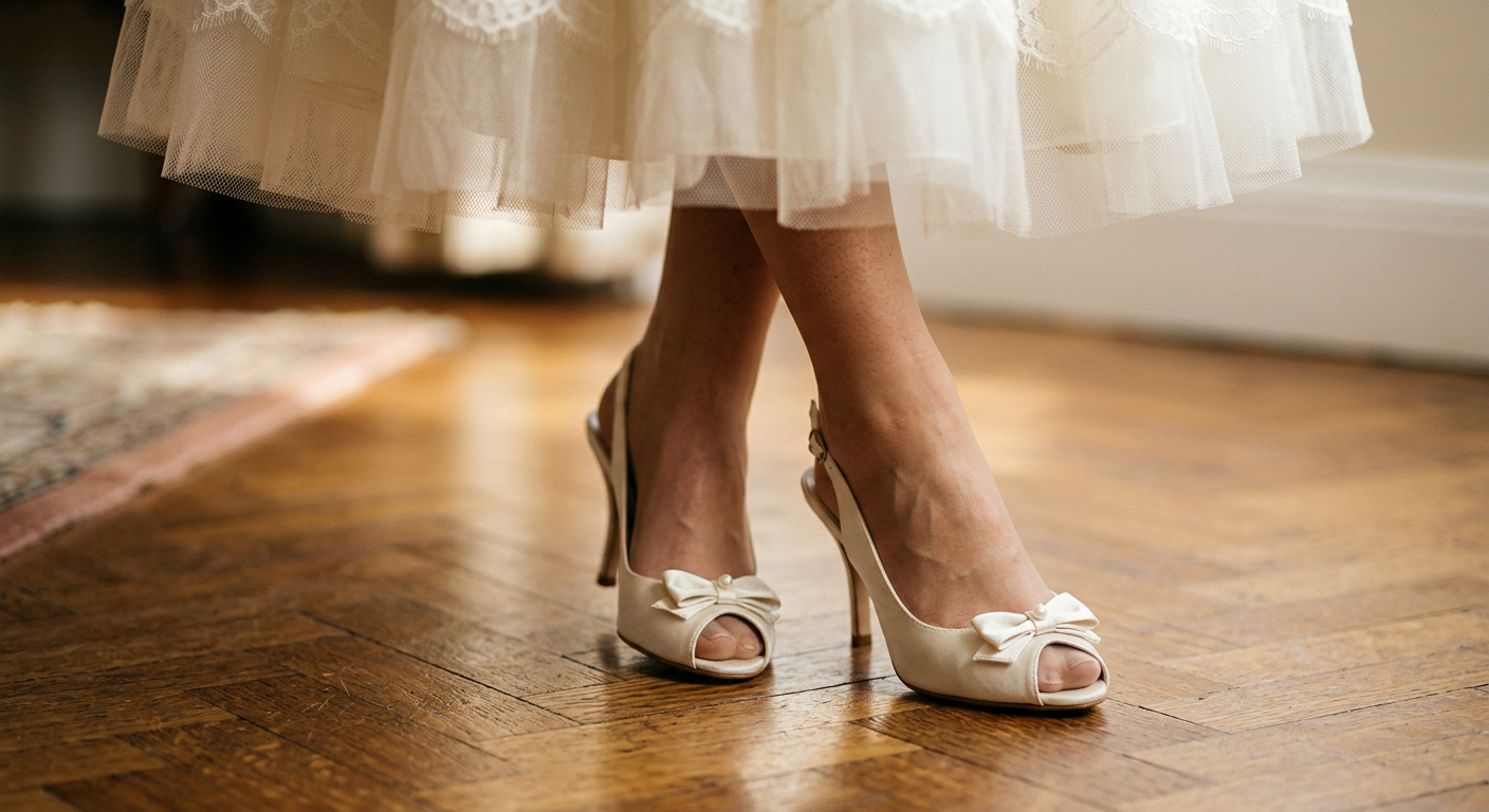 Pieds d'une mariée portant des escarpins peep-toe ivoire sur un parquet ancien.