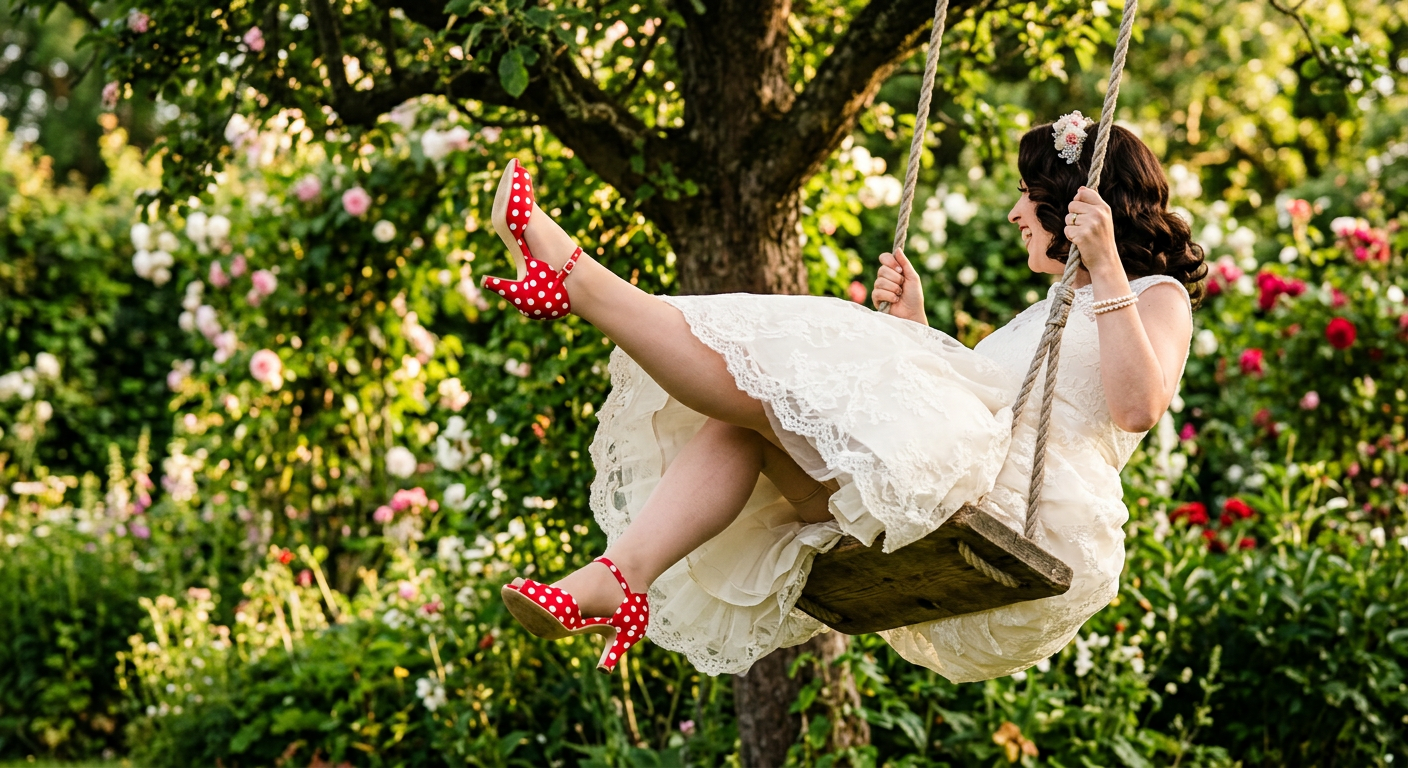Mariée pin-up assise sur une balançoire, montrant avec joie ses escarpins rouges à pois blancs.